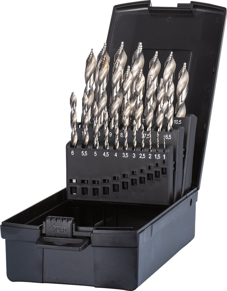 PHANTOM HSS SET SPIRAALBOREN DIN 338 STEP-POINT. MET DRIEVLAKS SCHACHT 11.443: 1-10X0.5 MM