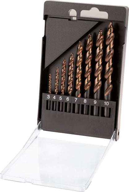 PHANTOM HSS-E SET SPIRAALBOREN DIN 338 STEP-POINT. MET DRIEVLAKS SCHACHT 11.447: 1-10X0.5 MM