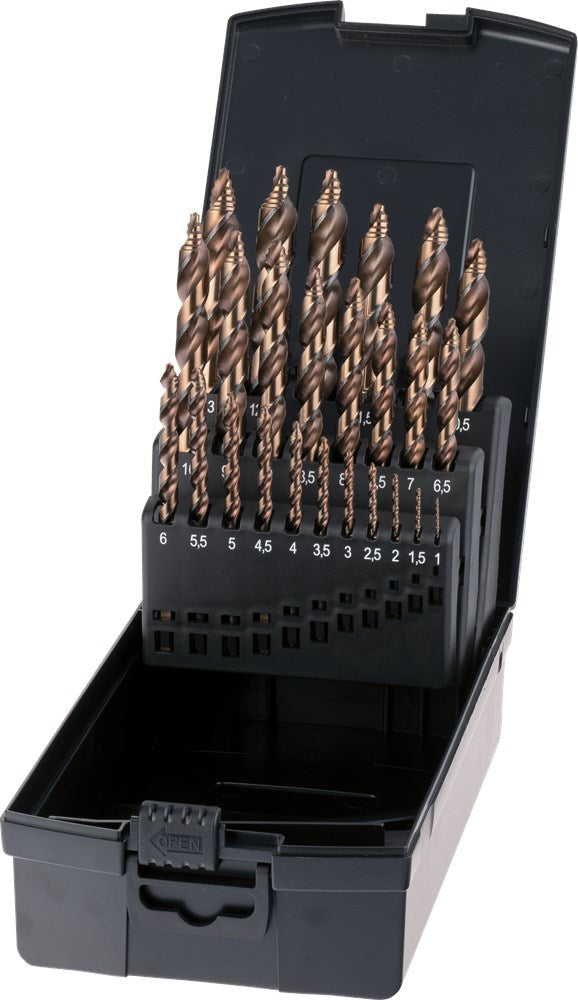 PHANTOM HSS-E SET SPIRAALBOREN DIN 338 STEP-POINT. MET DRIEVLAKS SCHACHT 11.447: 3-10X1 MM